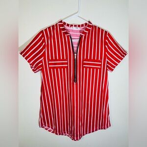 Like NEW: Simplefun Red and White Short Sleeve Zipper Top! Size Medium.